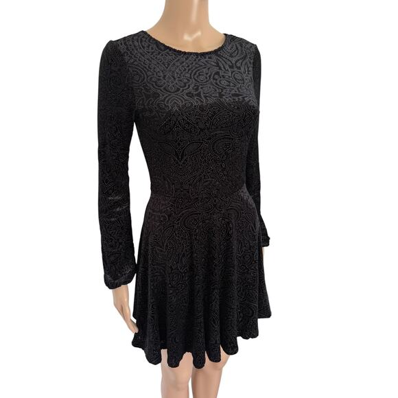 VTG Skater Long Sleeves Dress S Whimsigoth Floral Boho Fairy Grunge Burnout Blck - Picture 2 of 6